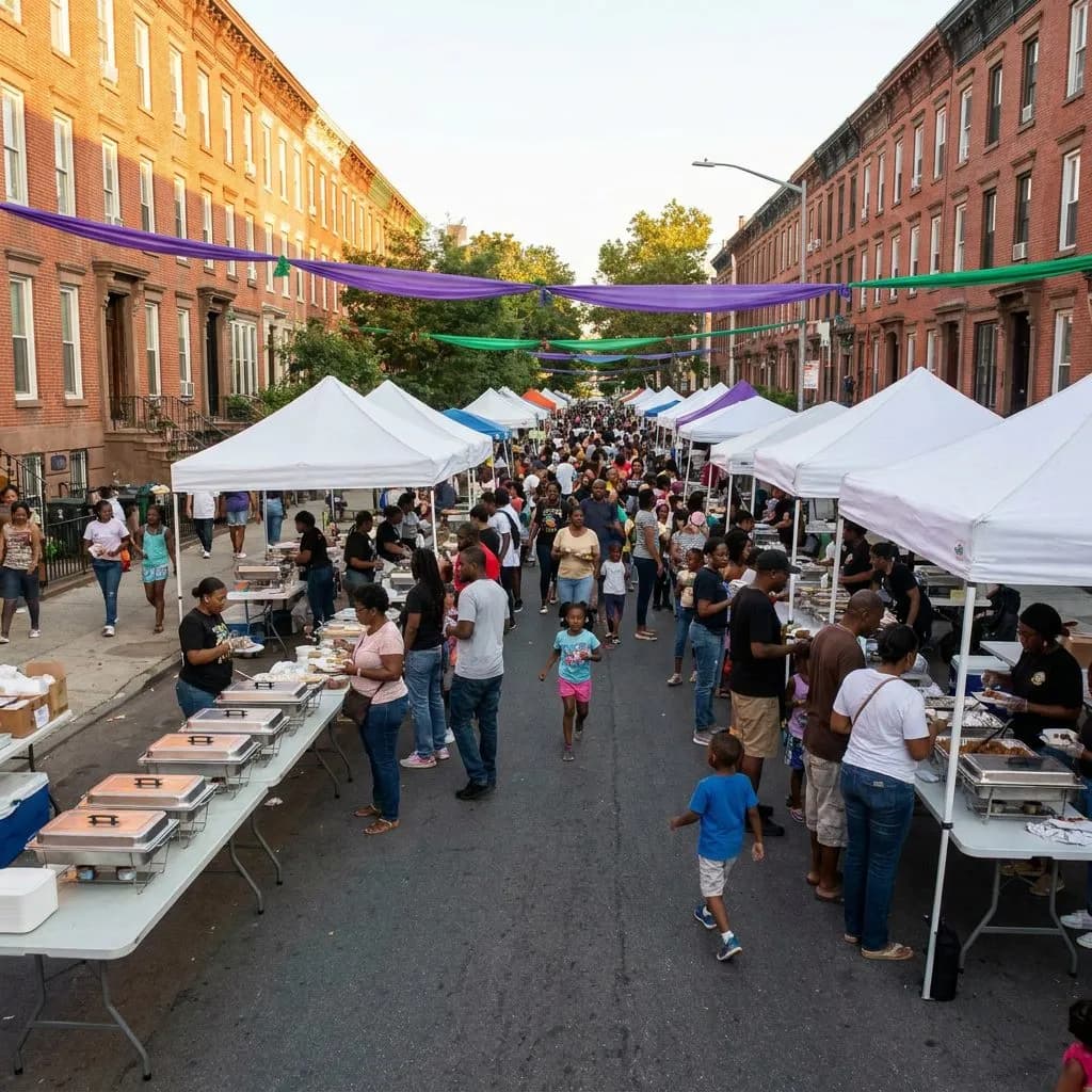 Juneteenth Block Parties & Free Concerts: Bed-Stuy, Harlem, Crown Heights 2026 — Wide view of Fulton Street between Stuyvesant and Lewis avenues in Bed-Stuy at 4