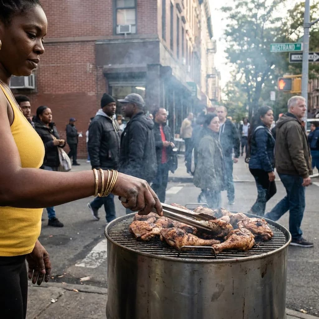 Juneteenth Block Parties & Free Concerts: Bed-Stuy, Harlem, Crown Heights 2026 — Close on the hands of a Black woman in a yellow tank top turning jerk chicken th