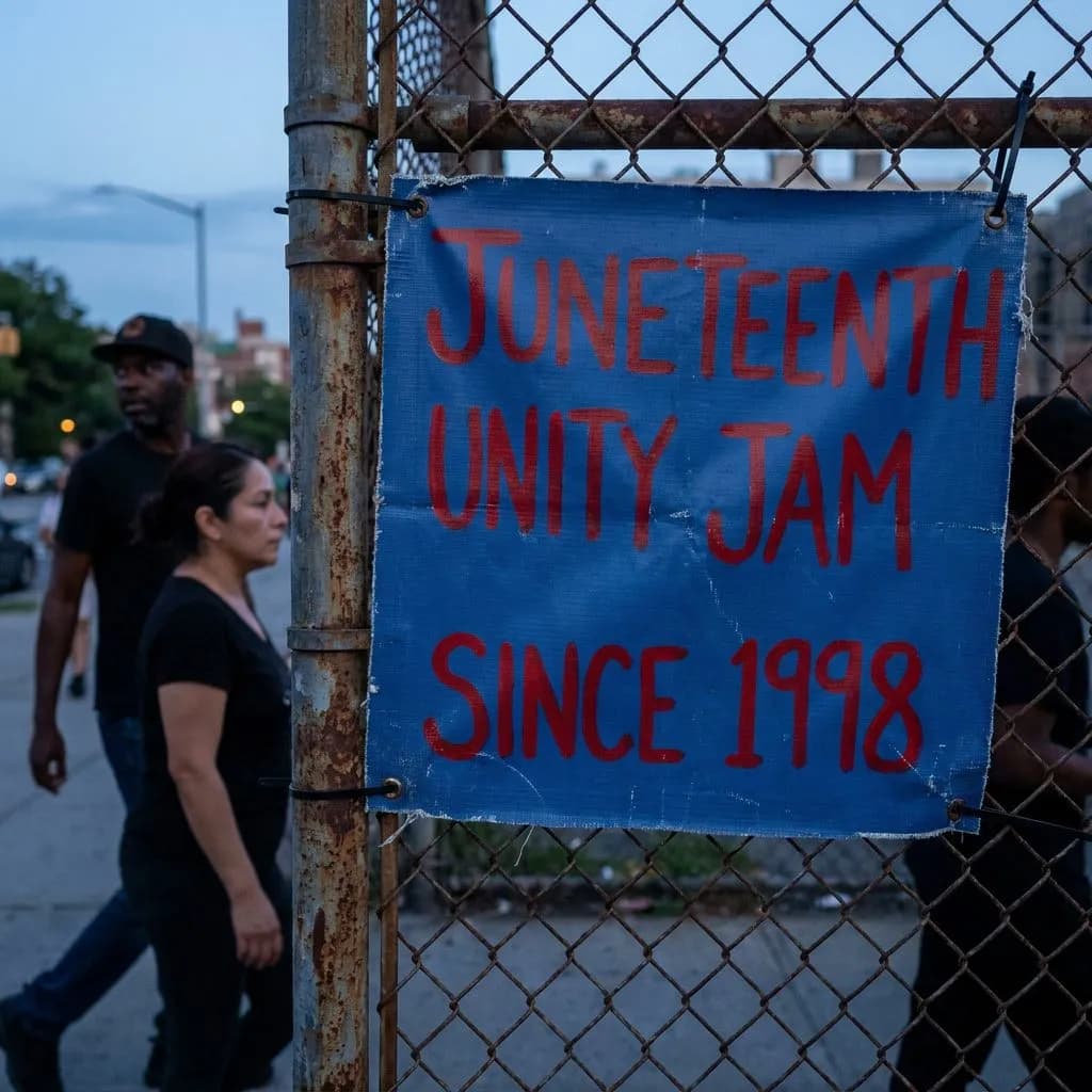 Juneteenth Block Parties & Free Concerts: Bed-Stuy, Harlem, Crown Heights 2026 — Detail of a worn vinyl banner zip-tied to chain-link fence reading 'JUNETEENTH U