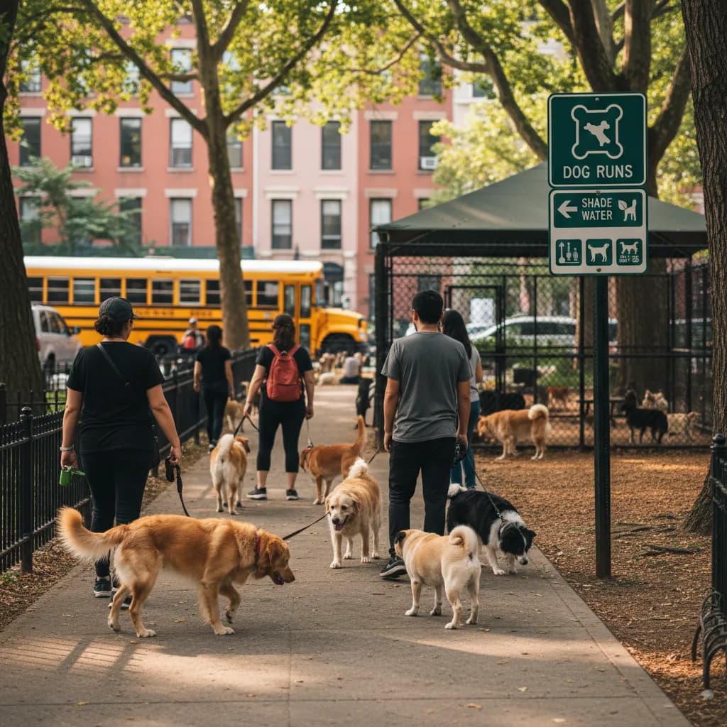 Local NYC scene for NYC Dog Runs With Shade, Water And Separate Small-Dog Areas.