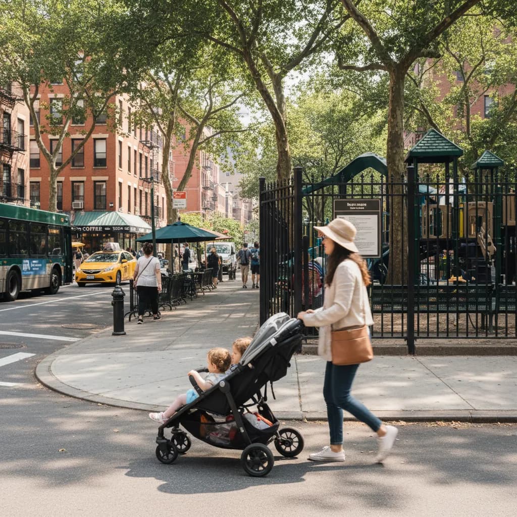 Local NYC scene for NYC Playgrounds With Bathrooms, Shade And Nearby Coffee.