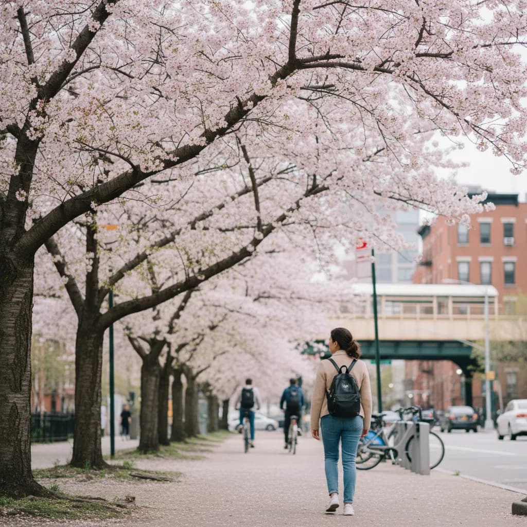 Local NYC scene for Weekday Cherry-Blossom Route Designed To Avoid Crowds.