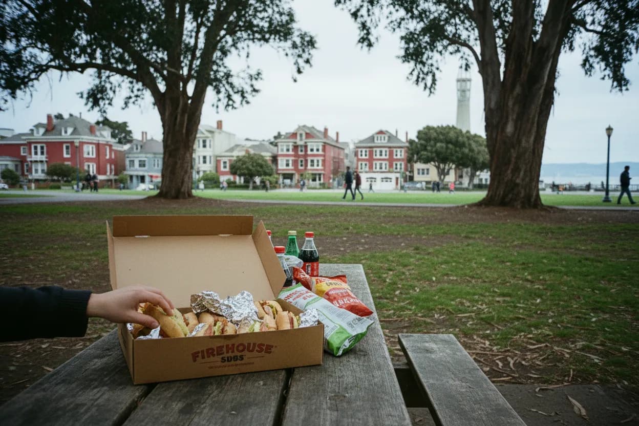 Realistic San Francisco scene for San Francisco Firehouse Subs Guide for Team Lunch Catering