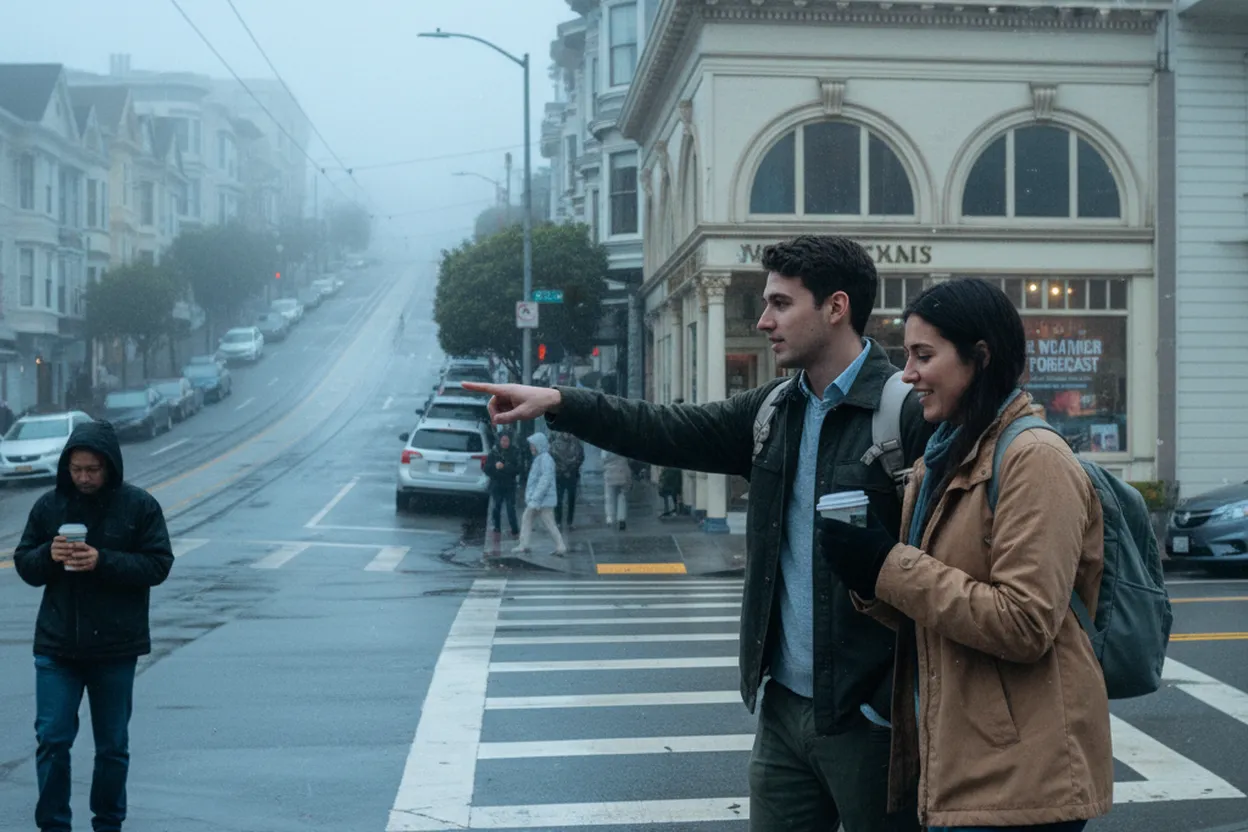Practical city scene for us 2026 winter weather forecast: A San Francisco Coffee and Dessert Route