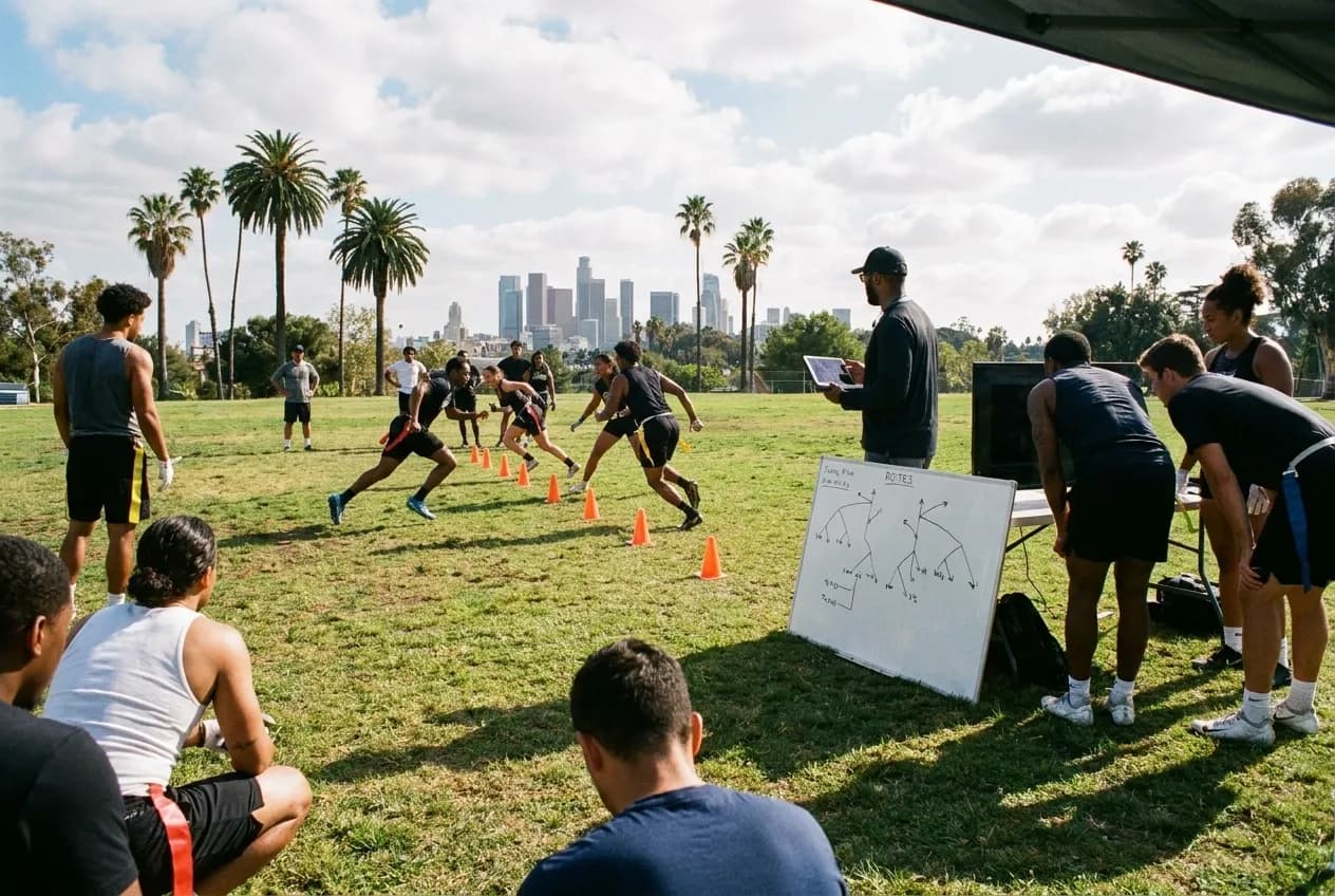 Local scene for Zay Flowers Route Running Drills: LA Flag Football Leagues Teaching Receiver Technique in Los Angeles