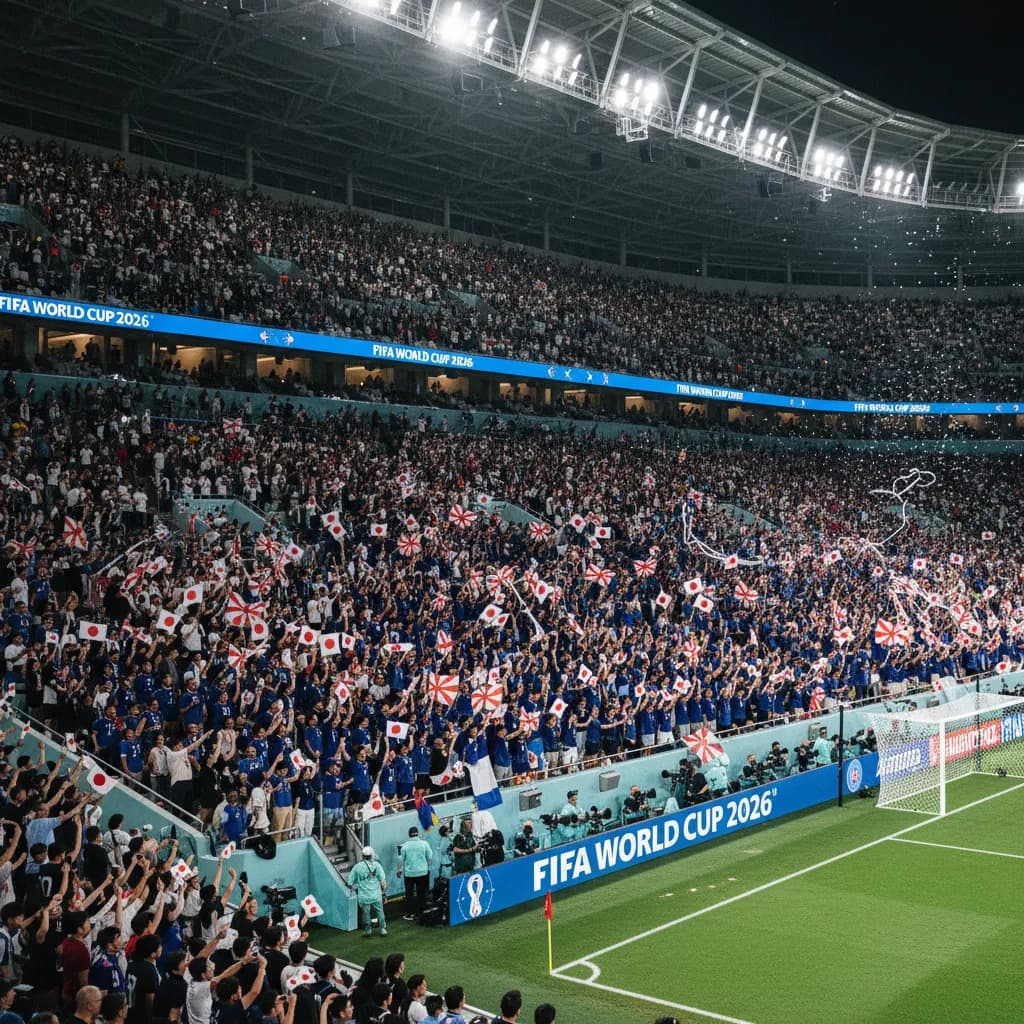Japanese fans in blue jerseys fill a section at the 2026 World Cup