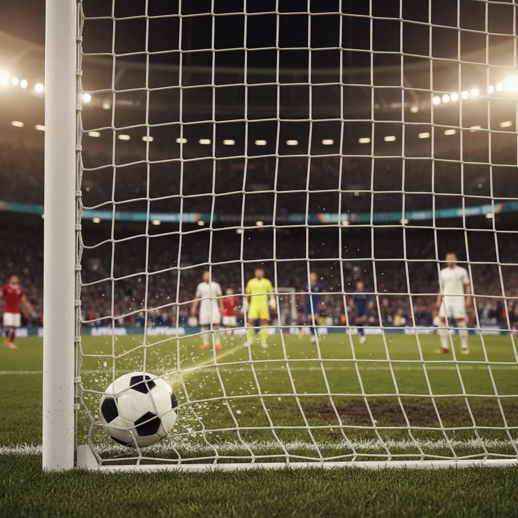 A lone striker stands in the center circle under World Cup spotlight