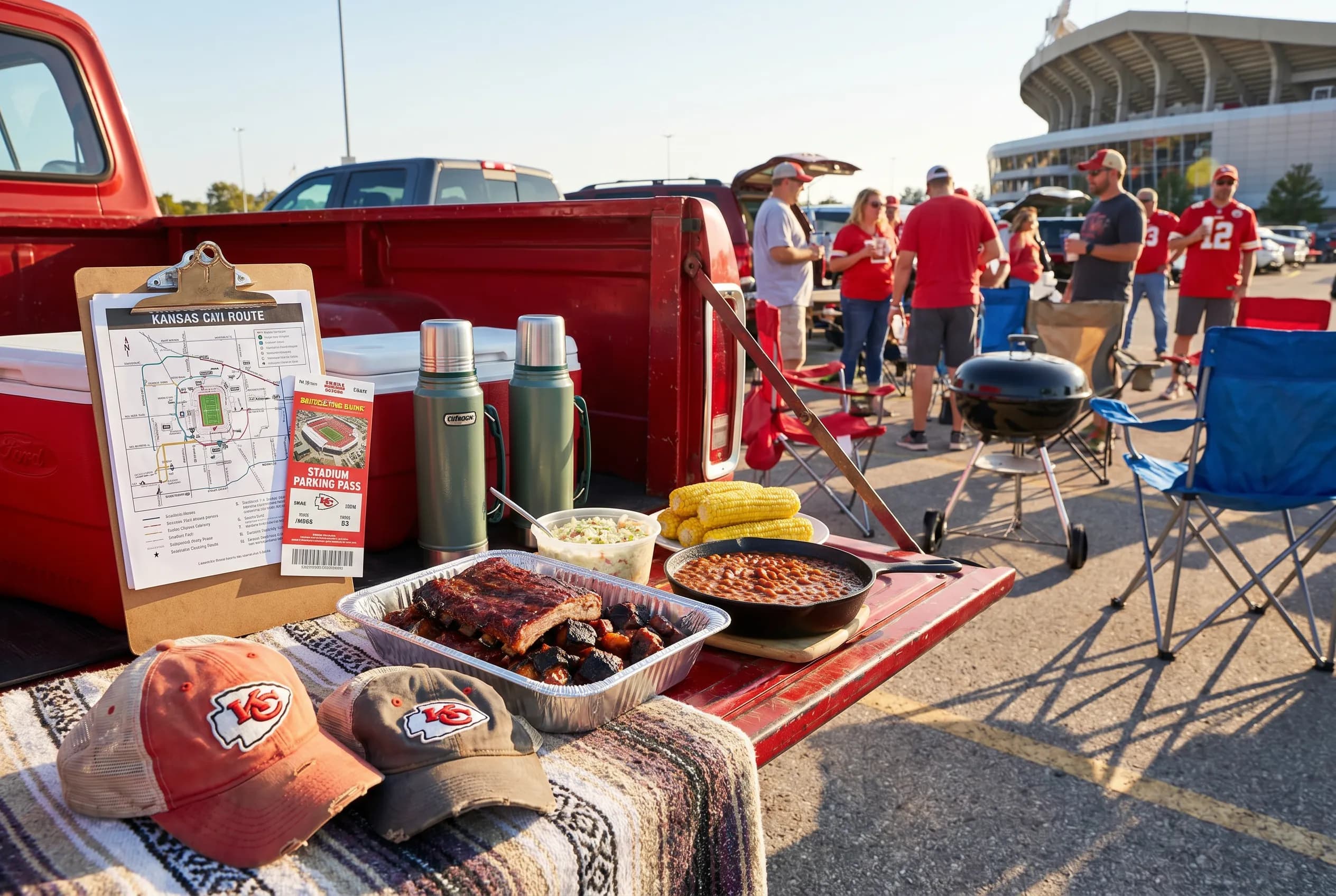 A bright practical scene for kansas city stadium parking barbecue and fan route guide.