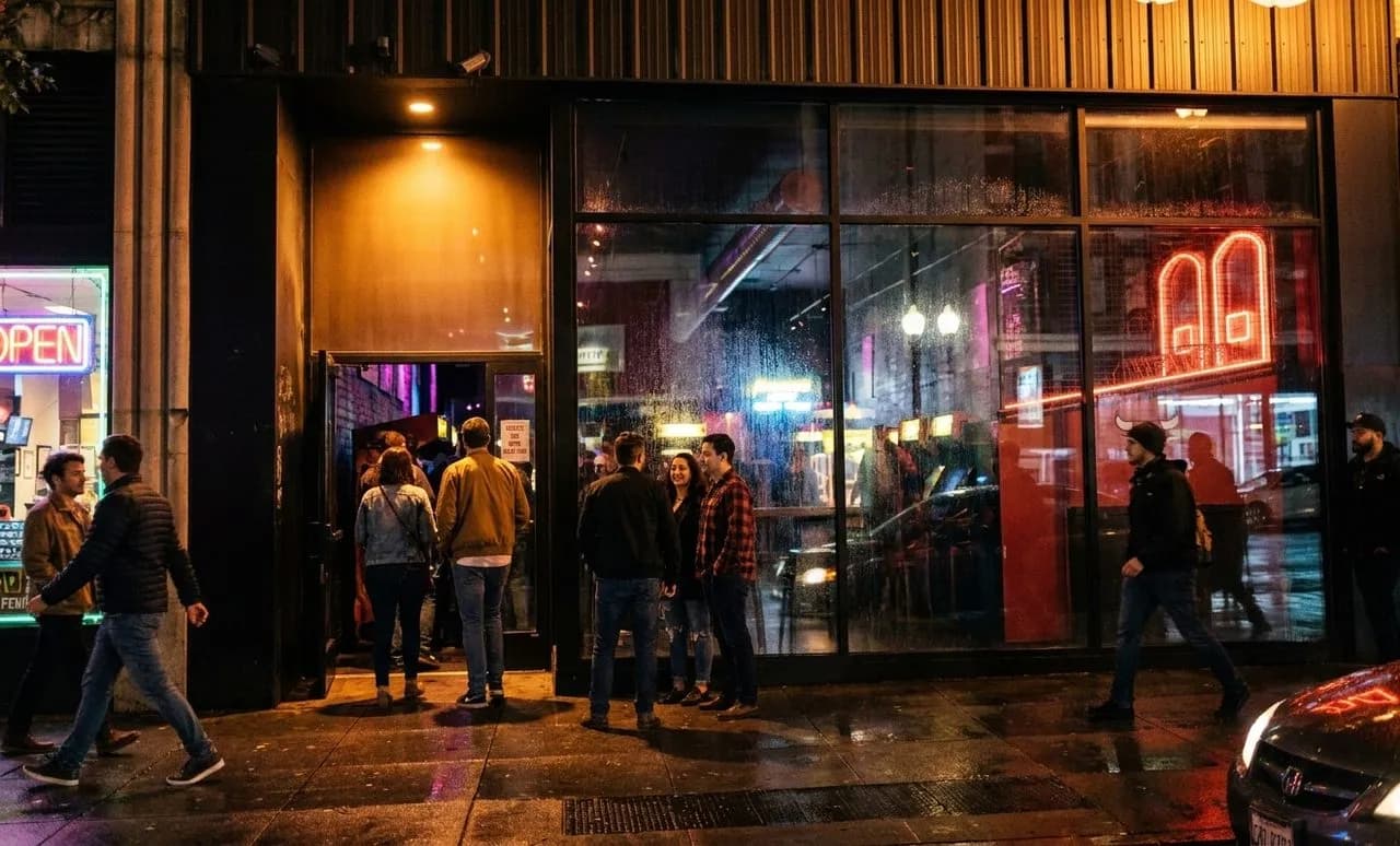 Busy nighttime barcade entrance on a San Francisco street