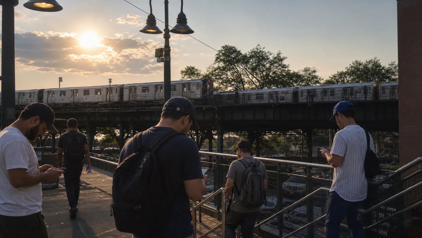 Baseball fans near the subway by Citi Field checking streaming options on their phones.