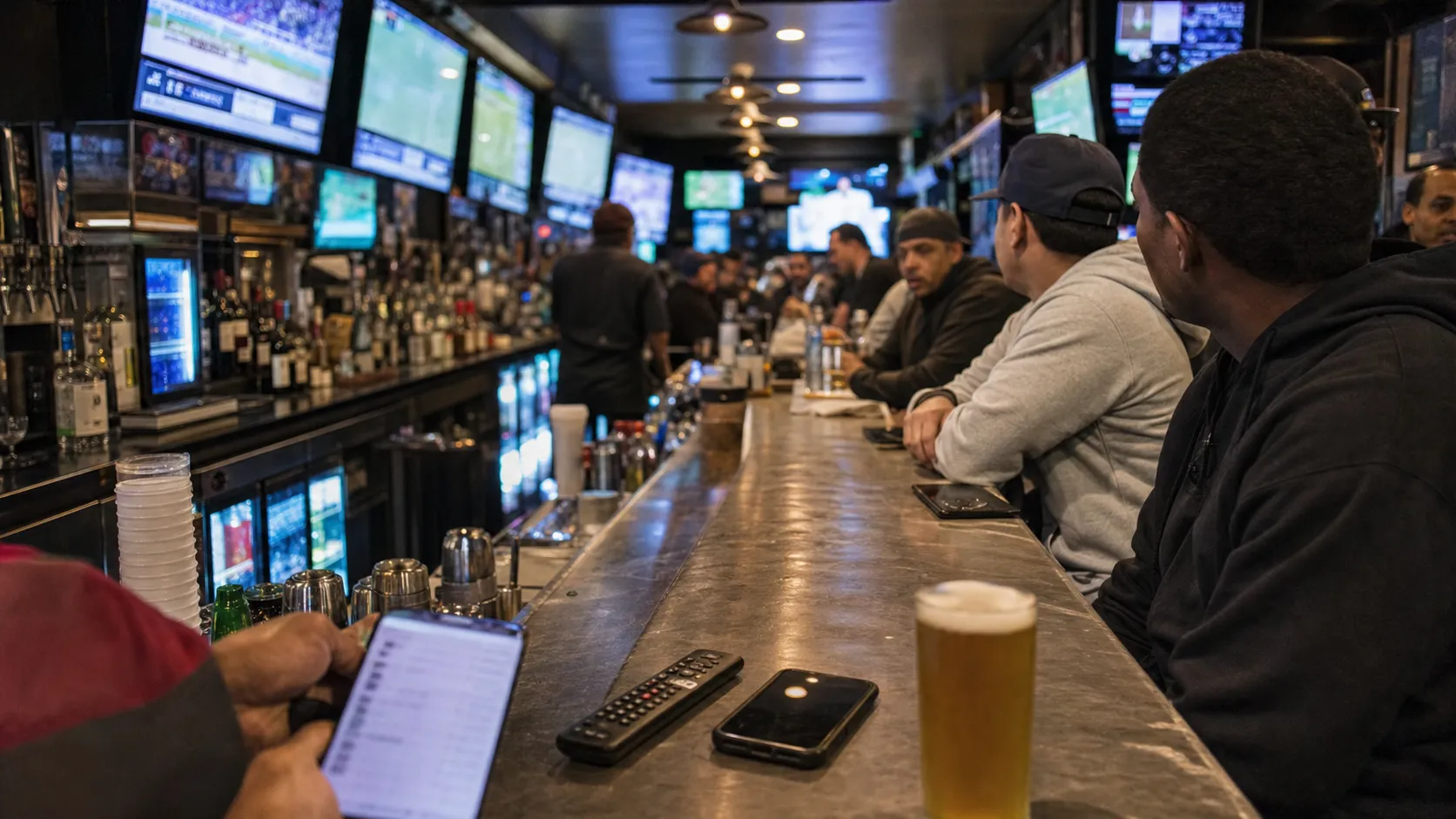 A New York sports bar counter with phones and remotes as fans choose where to watch baseball.