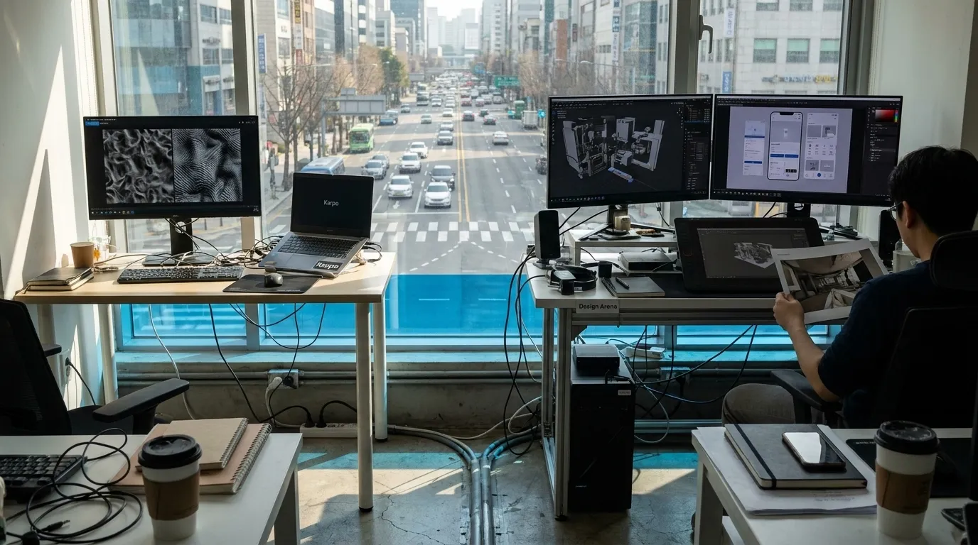 Photorealistic Karpo versus Design Arena comparison scene 2