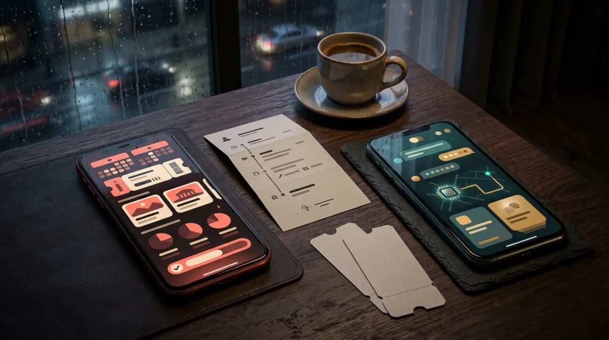 Two phones compare a bookable tour marketplace with a flexible city-planning chat sidekick on a rainy night table