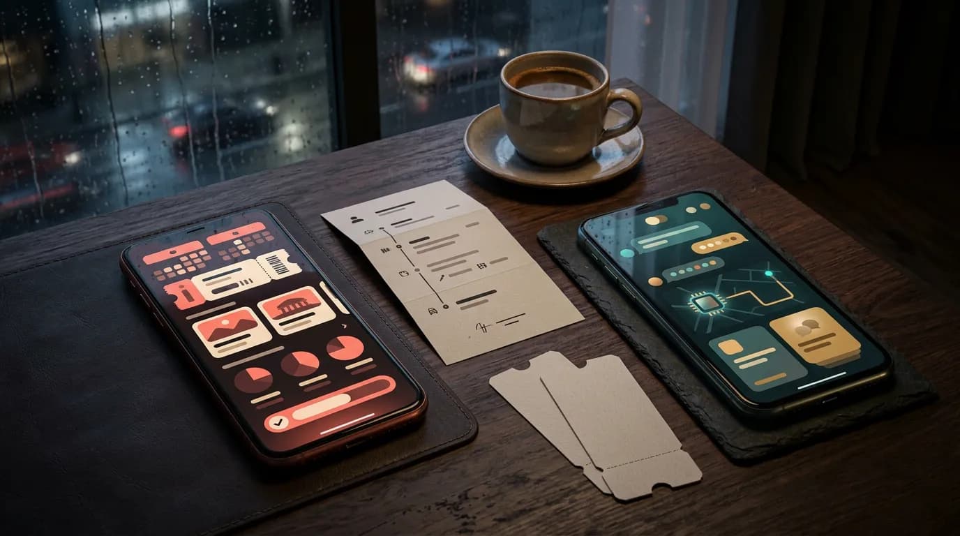 Two phones compare a bookable tour marketplace with a flexible city-planning chat sidekick on a rainy night table
