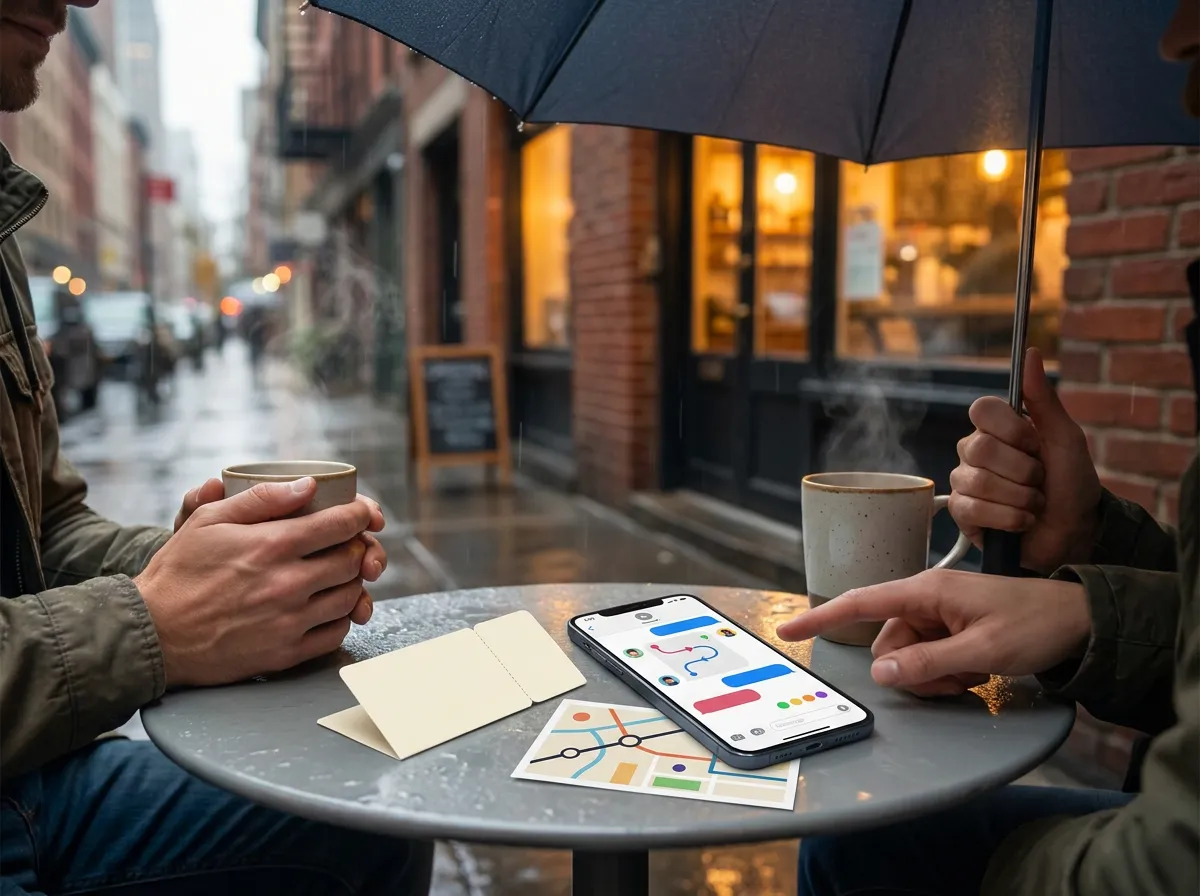 Rainy sidewalk table with coffee, umbrella, blank ticket, abstract map, and a phone showing a local backup plan