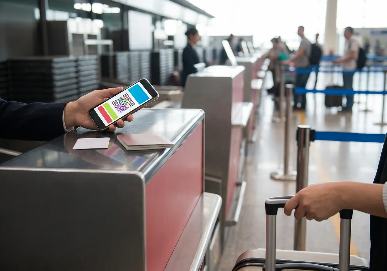 Generic travel counter scene with a phone showing abstract voucher blocks and a blank ticket beside luggage