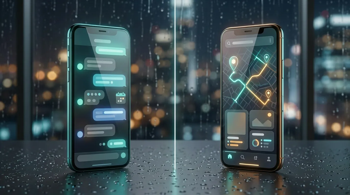 Two phones compare a proactive chat-style city sidekick with a map-first AI local guide on a rainy night