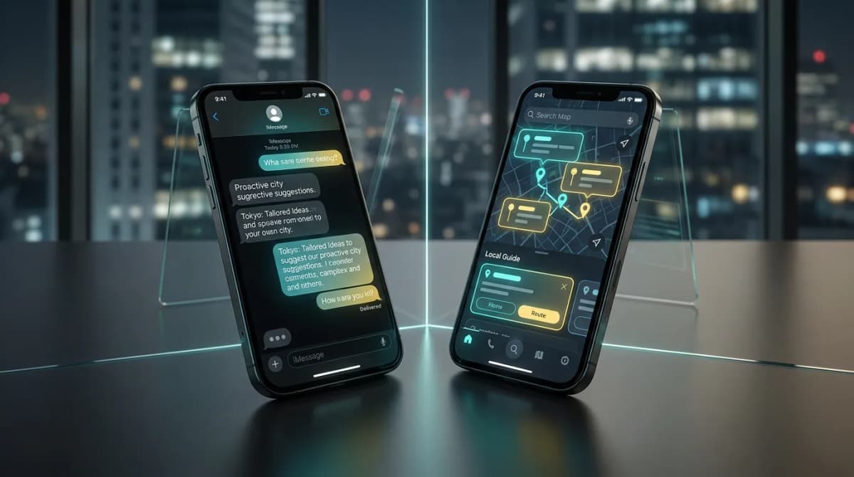 Two phones compare a proactive city chat interface with a map-first AI local guide interface at night