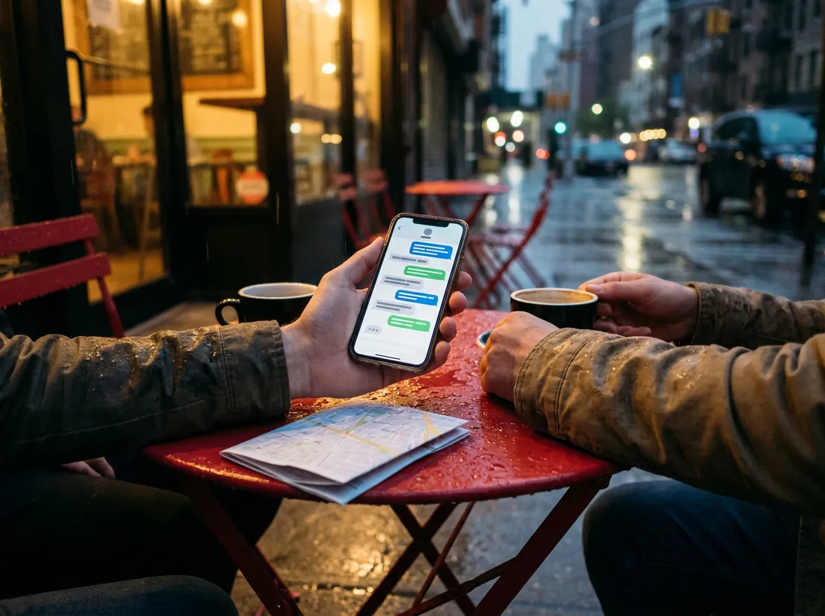 Friends around a rainy cafe table use a message thread to decide what to do tonight