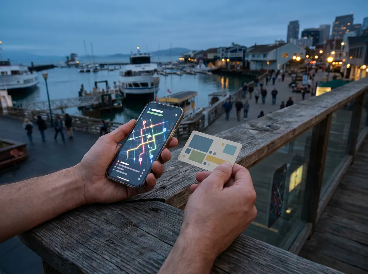 Hands compare a map route on a phone with an abstract message card on a waterfront walkway
