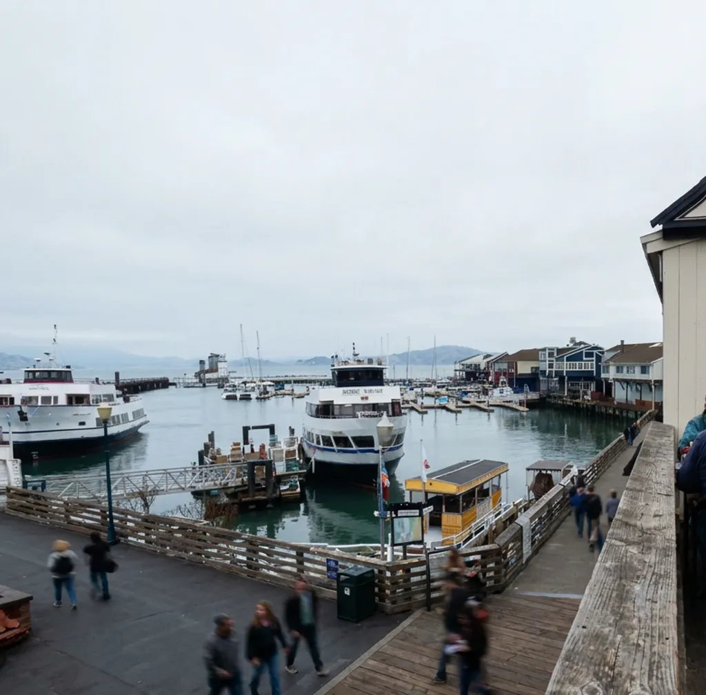 A San Francisco waterfront route scene with boats and a public walkway, used to show city planning beyond a map search