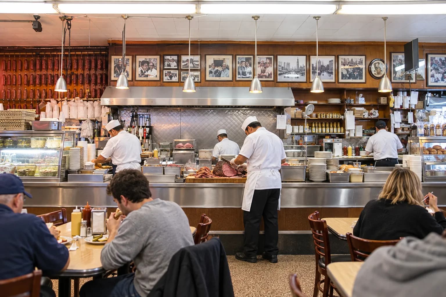 Long stainless deli counter with hand-carved pastrami on cutting boards under heat lamps, framed photographs covering the wall behind, warm morning light through the front windows