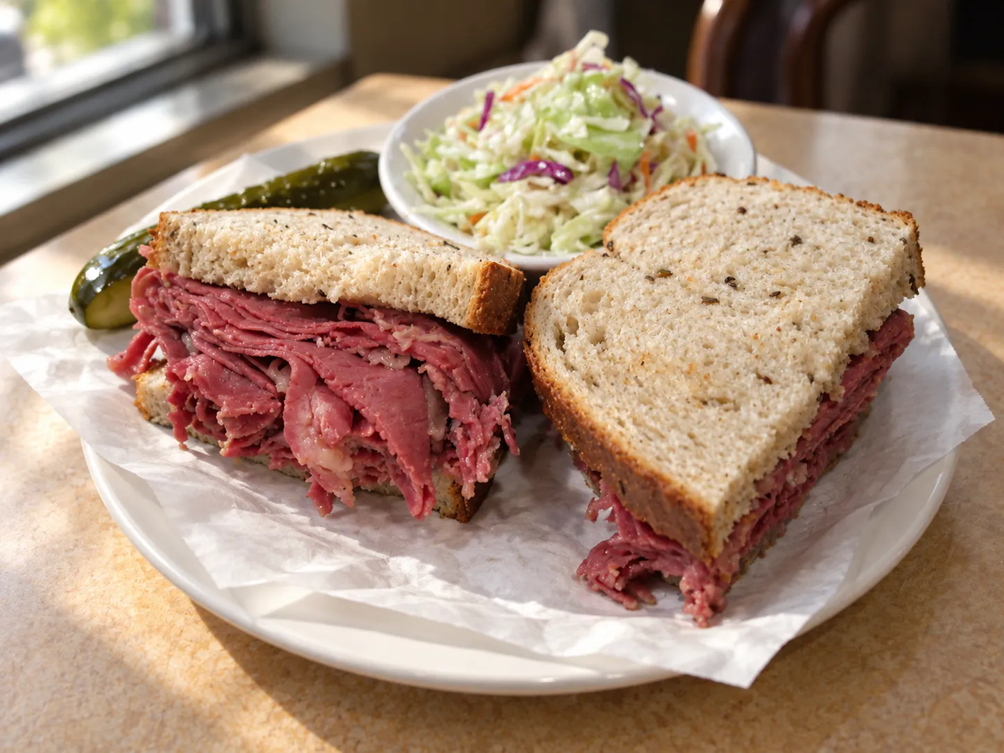Towering hand-cut pastrami sandwich on rye, uneven thick slices with fat marbling spilling from the bread, pickle spear on a paper-lined plate on a laminate table