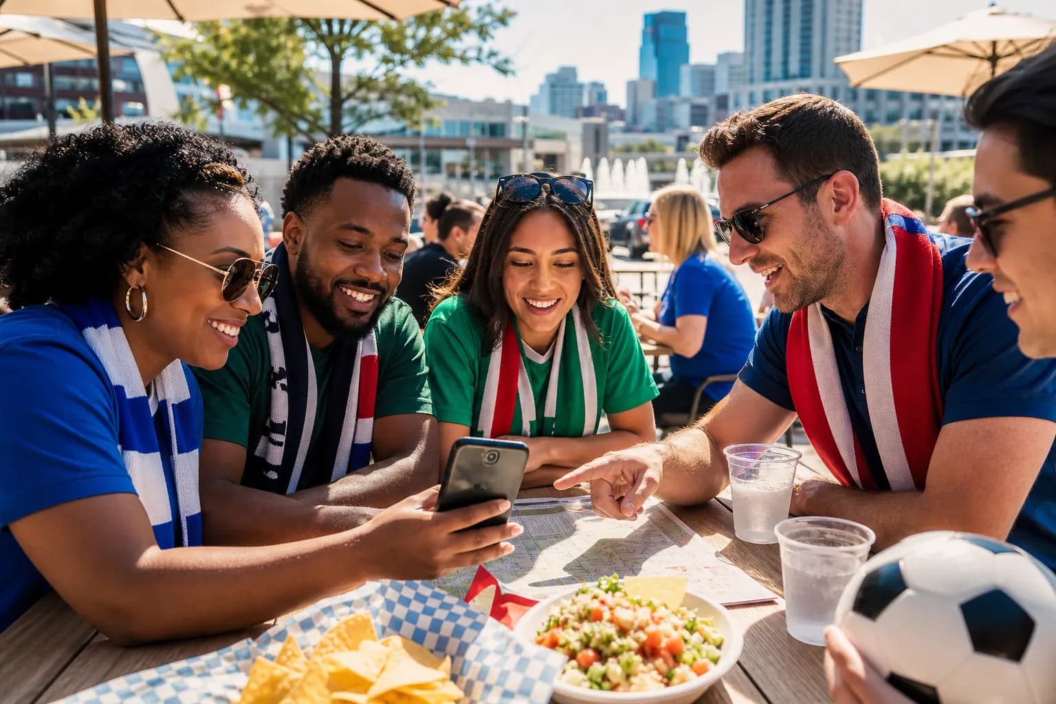 World Cup fans planning a bright Kansas City fan route over food at an outdoor plaza