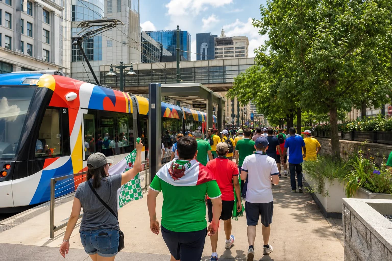 World Cup fans arriving by colorful streetcar in downtown Kansas City