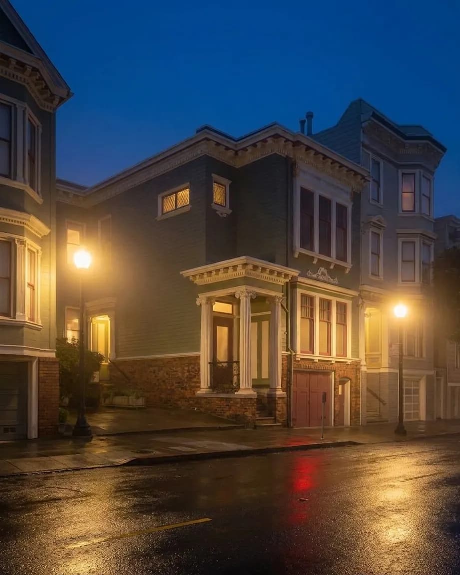 Victorian houses along Haight Street at dusk with fog rolling through the neighborhood