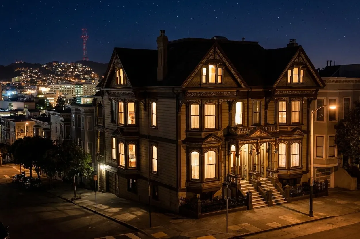Illuminated Victorian mansion in Pacific Heights with ornate architectural details visible at night