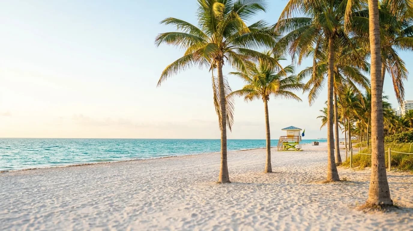Wide sand beach and turquoise water at Crandon Park, Key Biscayne
