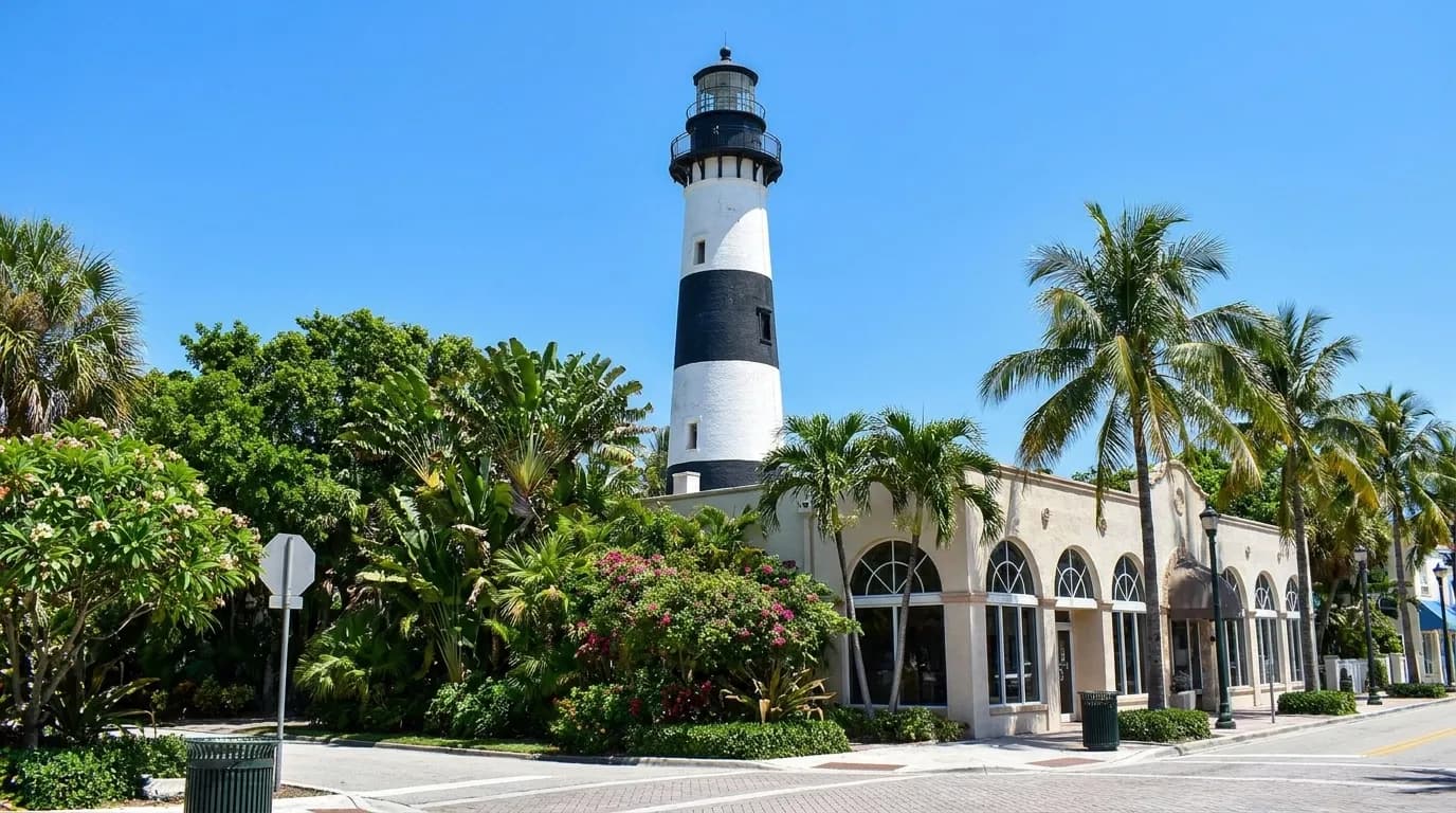 Historic Cape Florida Lighthouse against blue sky at Bill Baggs State Park