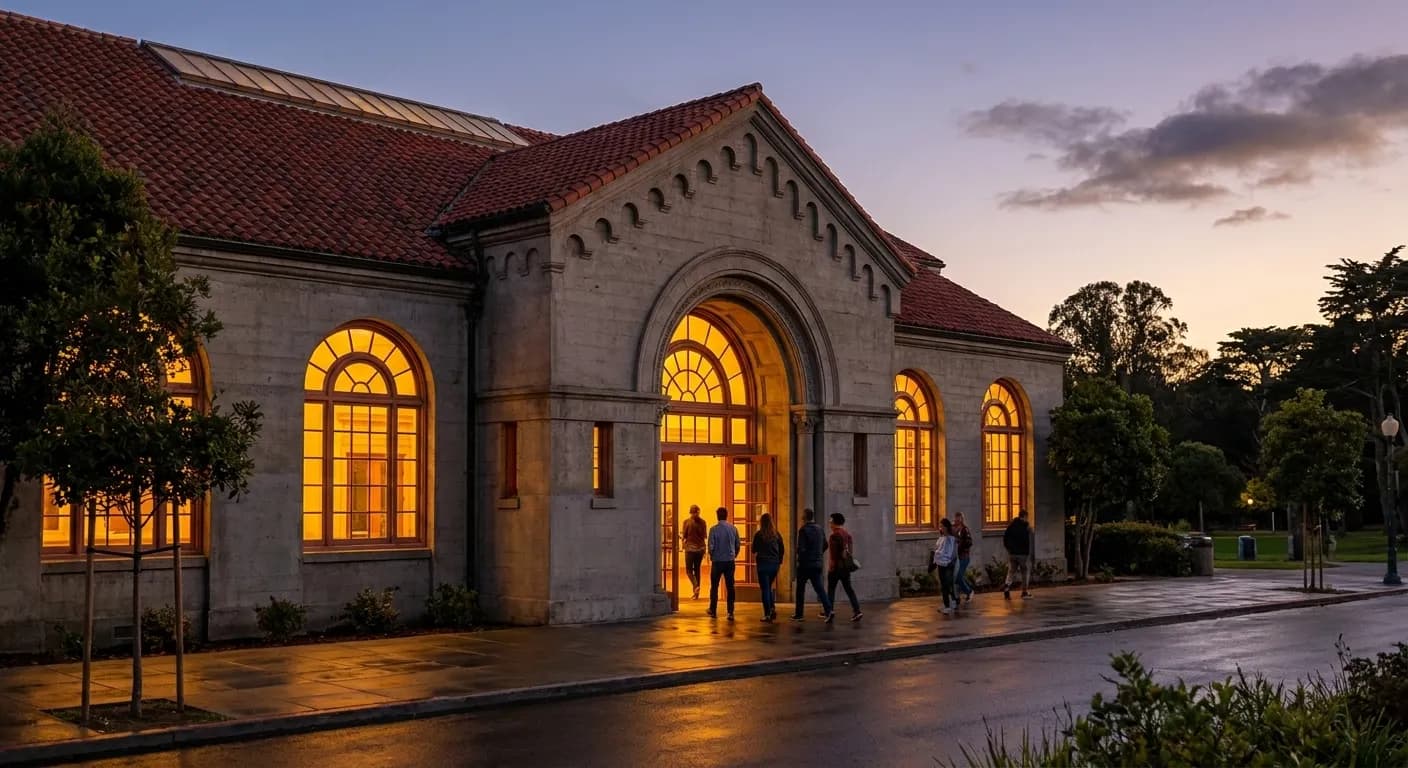 Kezar Pavilion exterior at dusk with arched entrance and tile roof, Stanyan Street side, Golden Gate Park