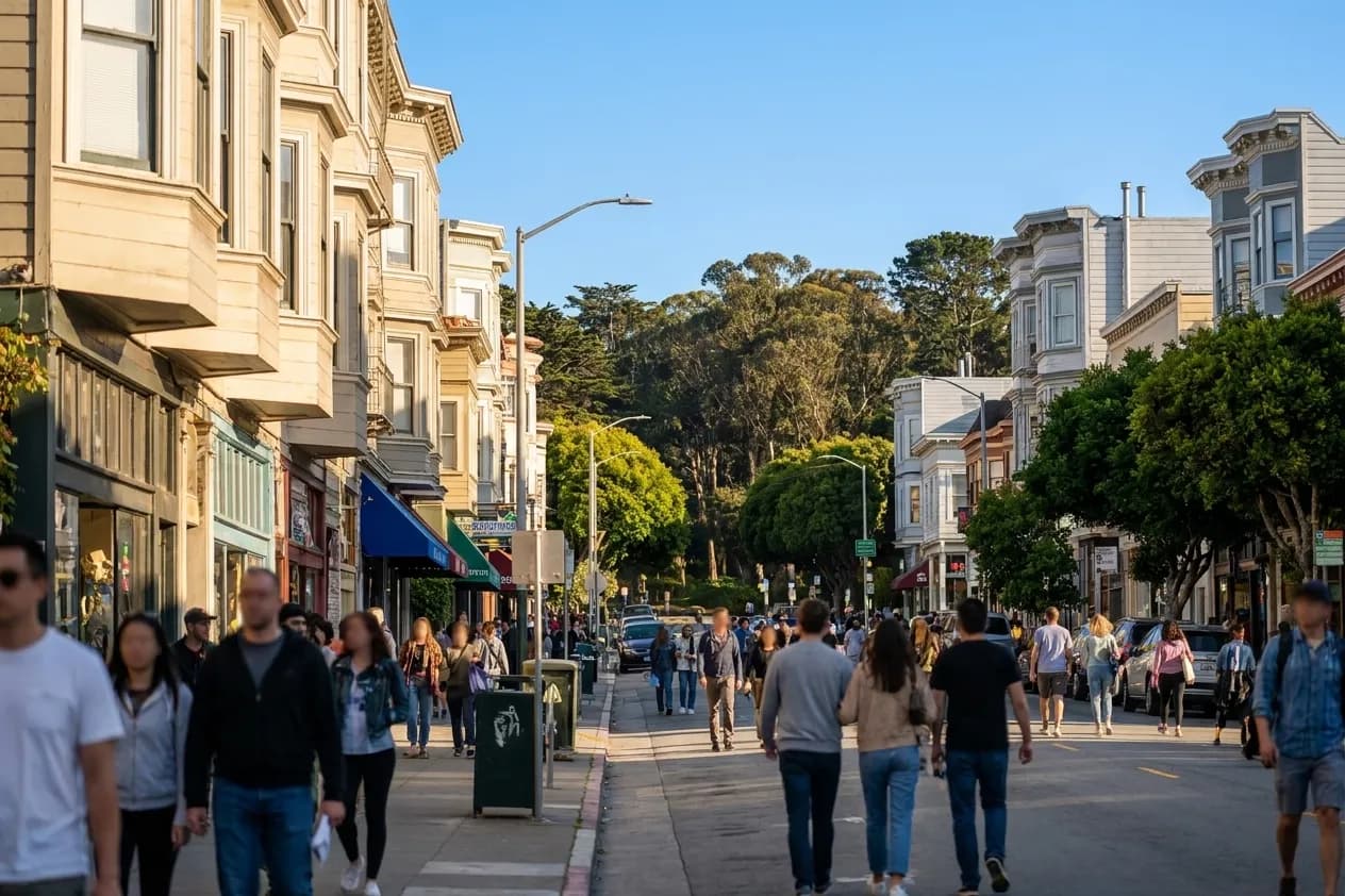 Haight Street approaching Stanyan with Golden Gate Park trees visible, pedestrians walking toward park entrance