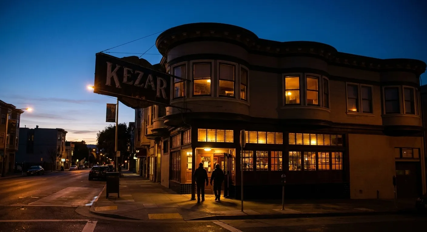 Kezar Pub's exterior on Stanyan Street at pre-dawn hours with interior lights glowing through windows