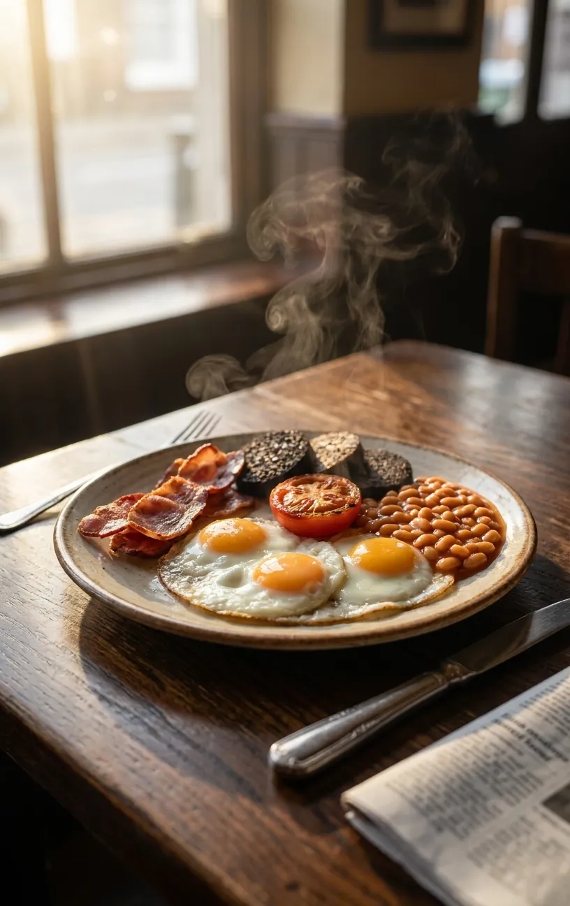 Irish breakfast plate with eggs, bacon, black pudding, grilled tomato, and beans on a wooden table at Kezar Pub in early morning light
