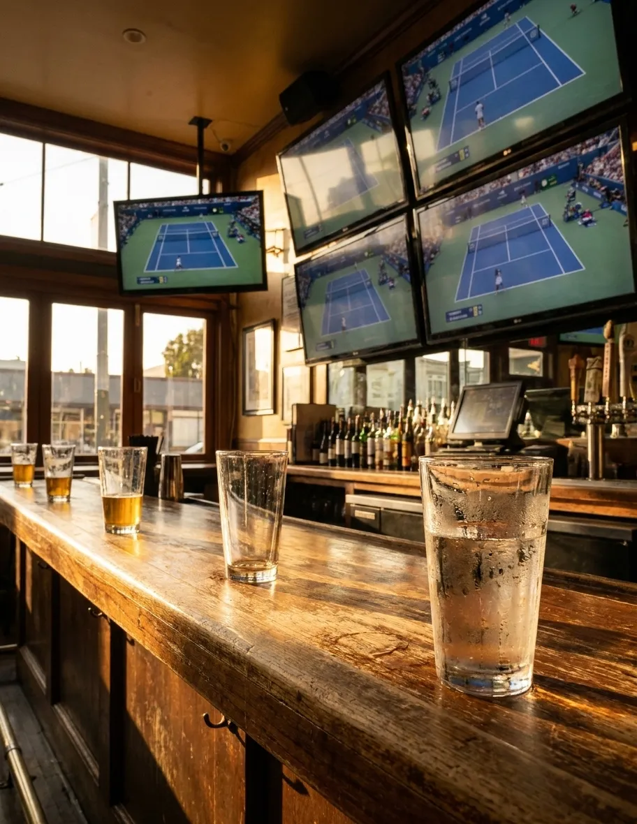 Multiple HD screens mounted above a bar showing tennis matches, with pint glasses on the wooden bar counter in soft afternoon light