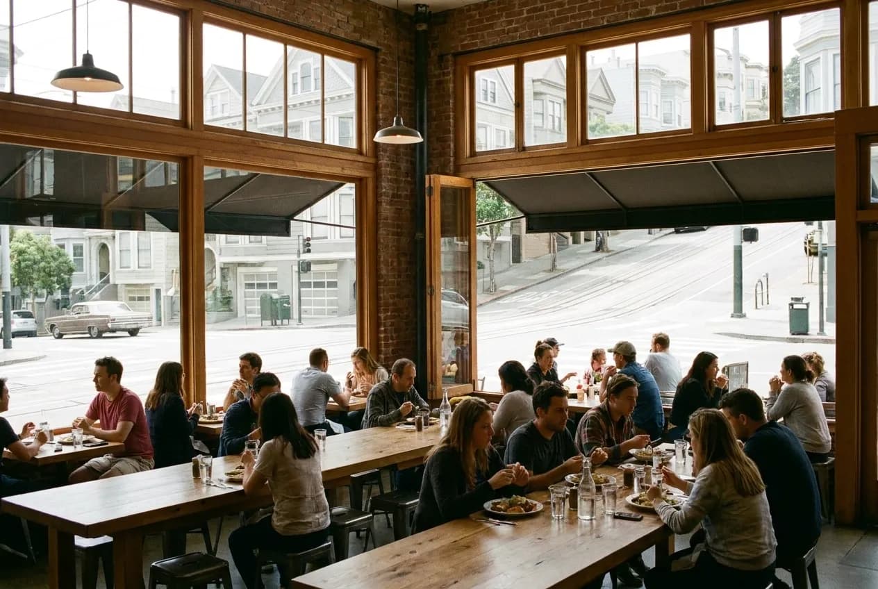 A bright casual San Francisco dining room with wooden communal tables and large windows