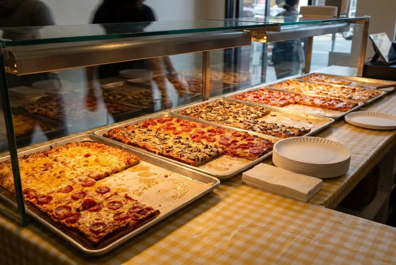 A pizza slice counter with trays of pizza under warm light and paper plates stacked