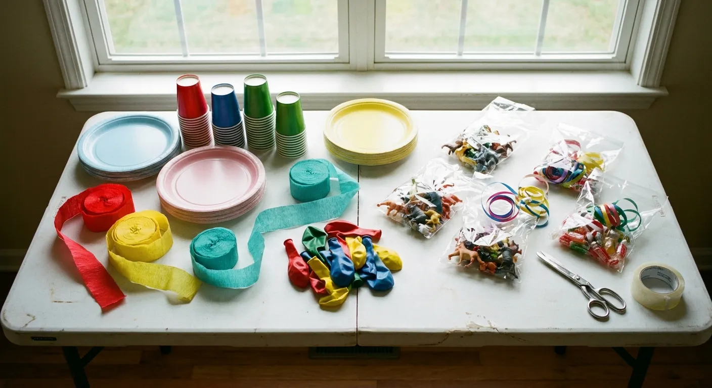 Tabletop flat lay of budget kids party supplies with pastel paper plates, latex balloons, streamers and goodie bags in bright daylight