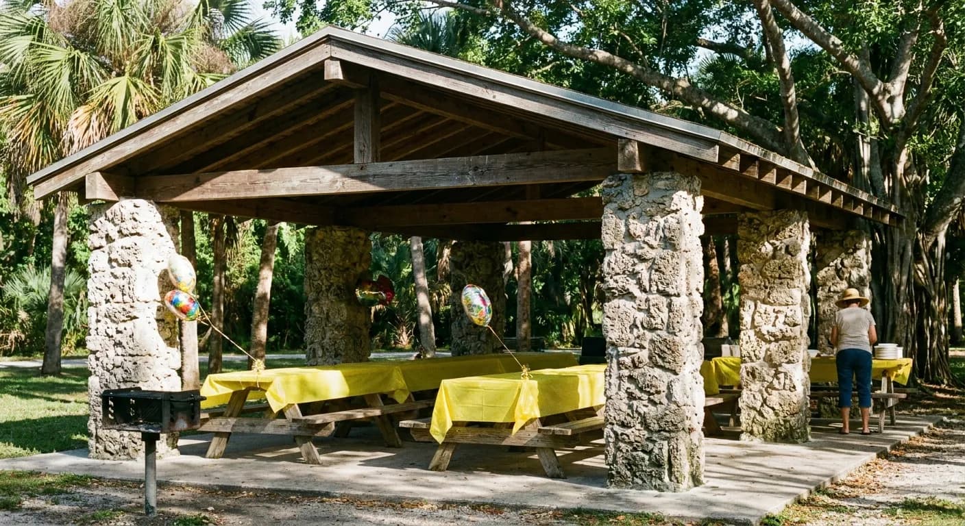 Roofed picnic pavilion in a Miami county park with picnic tables covered in yellow tablecloths and balloons tied to the corners