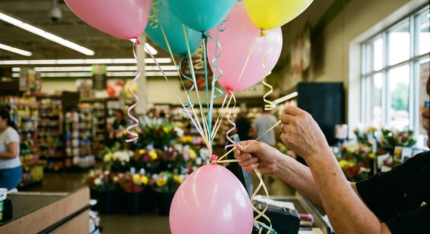 Close-up of hands tying a freshly filled pastel latex balloon at a supermarket counter with a cluster of balloons floating above