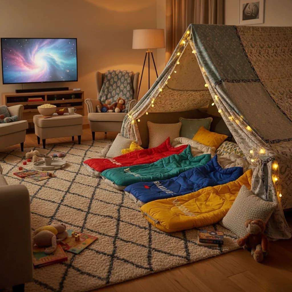 Living room blanket fort with sleeping bags, pillows and fairy lights set up for a kids sleepover