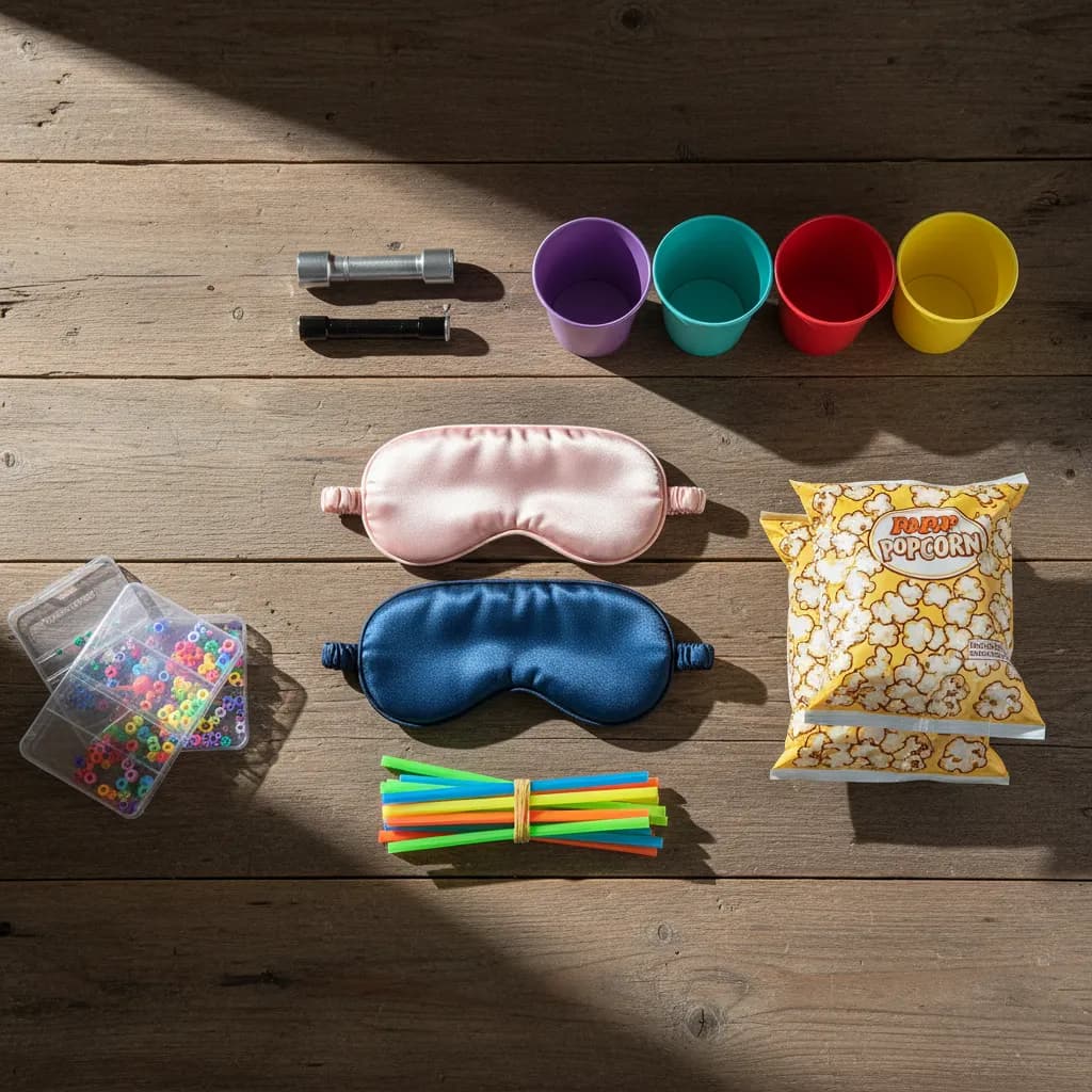 Flat lay of sleepover supplies including sleep masks, glow sticks, craft kits and popcorn on a table
