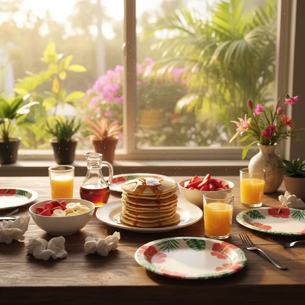 Morning breakfast table with pancakes, cut fruit and orange juice in bright Florida light