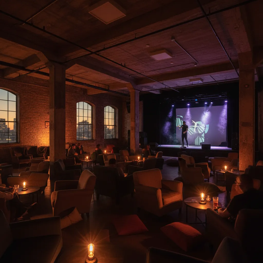 Editorial-style realistic scene inspired by Knockdown Center in New York.