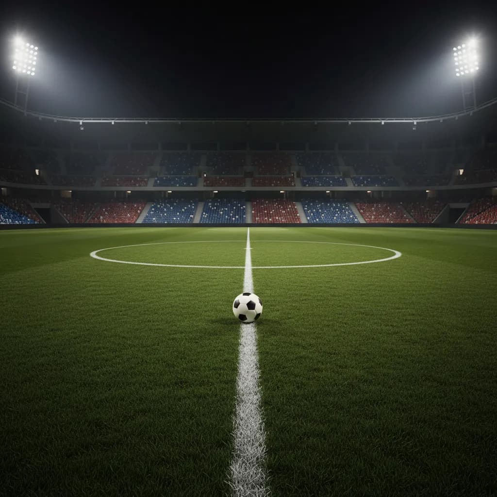 A lone soccer ball on the center circle at a World Cup stadium at night