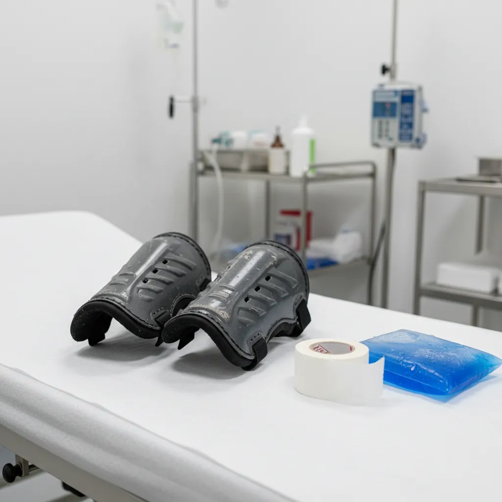 Shin guards and medical supplies on a treatment table representing World Cup injury concerns