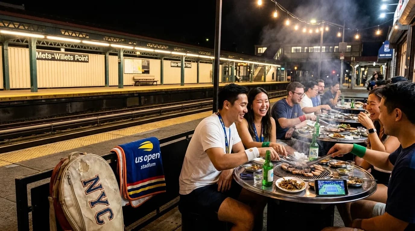 Bright editorial scene supporting Korean Barbecue Nights After US Open Evening Sessions.